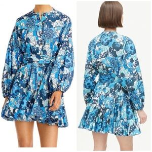 RHODE Emma-Woodstock Floral Blue Balloon Sleeve Belted Dress Sz S